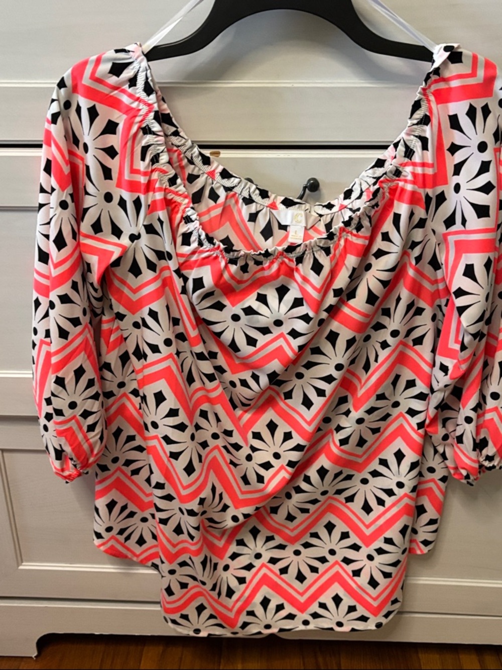Charming Charlie Coral Pink Chevron & Black Floral Off-Shoulder Top